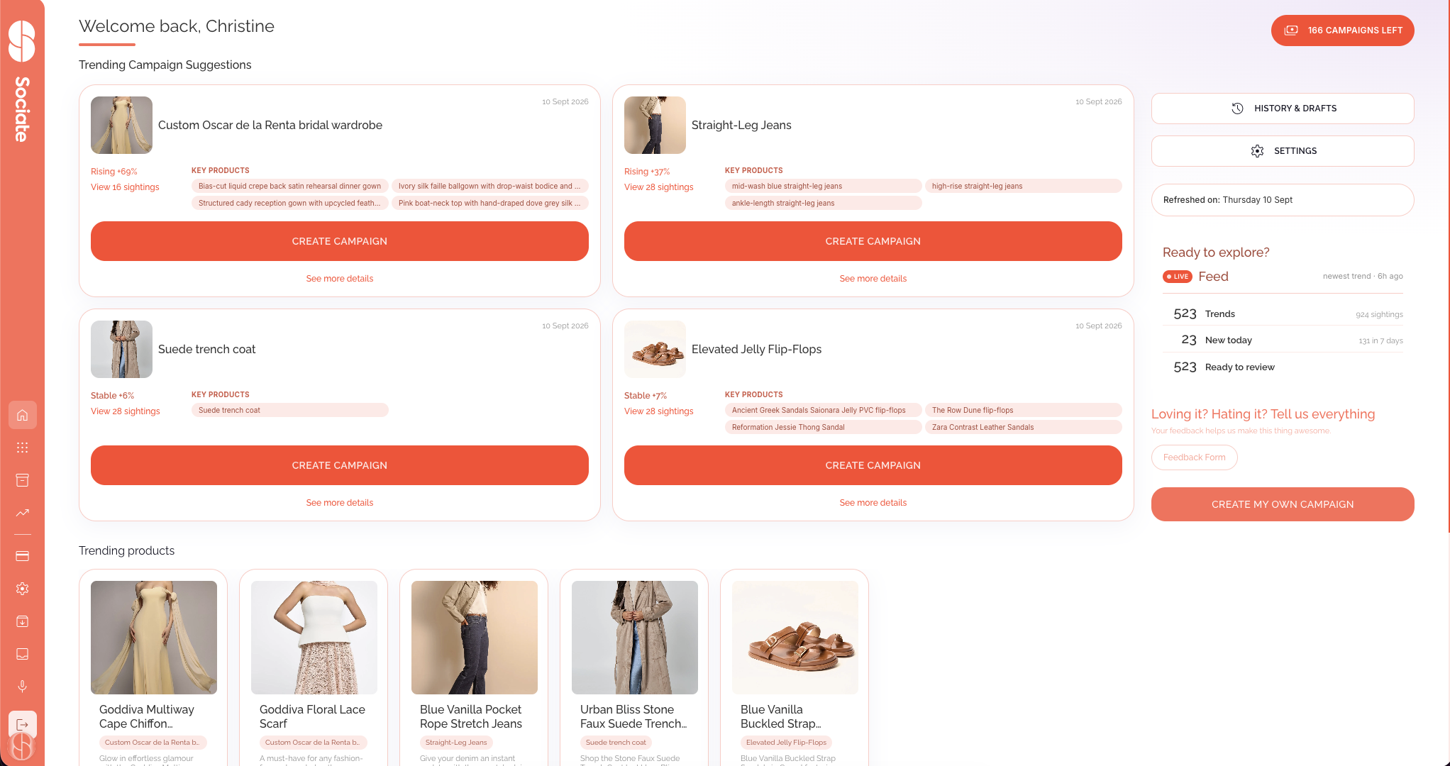 The Sociate brand dashboard, showing trending campaign suggestions
